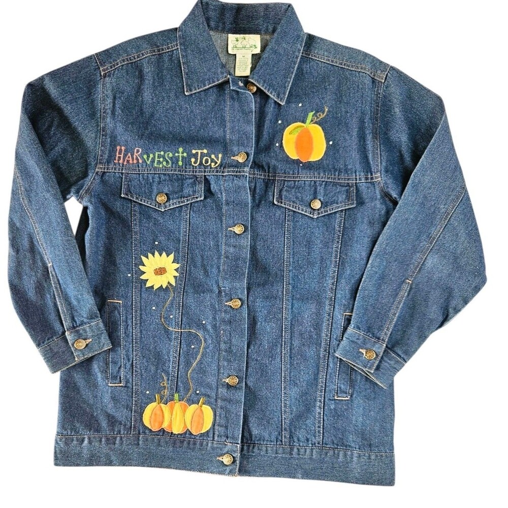 Quacker Factory Blue Denim Jacket Size M Fall Pumpkins Scarecrow Sunflowers